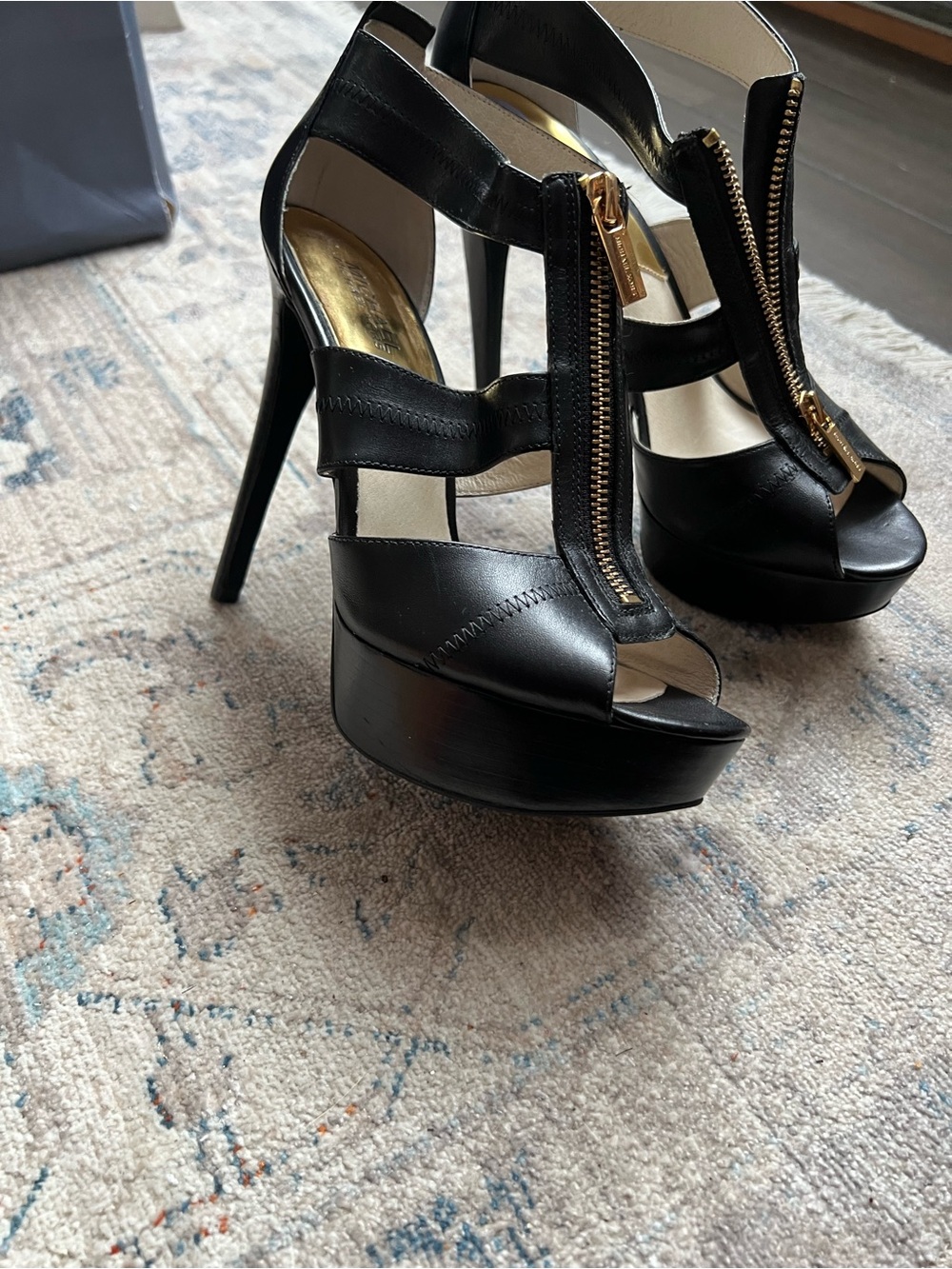Michael Kors Black Platform Stiletto Sandals with Gold Zipper - NWT